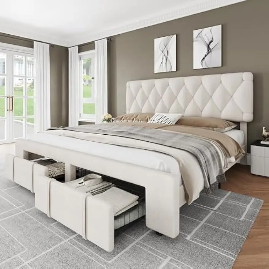 

Каркас кровати King Size GarveeHome, каркас кровати на платформе с мягкой обивкой и ящиками для хранения вещей, основание матраса с массивными деревянными рейками