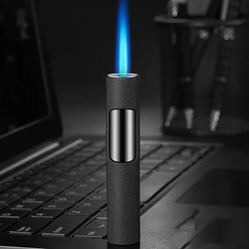 Creative Metal Direct Injection Gas Lighter Portable Cylindrical Windproof Butane Lighter Blue Flame Smoking Accessories