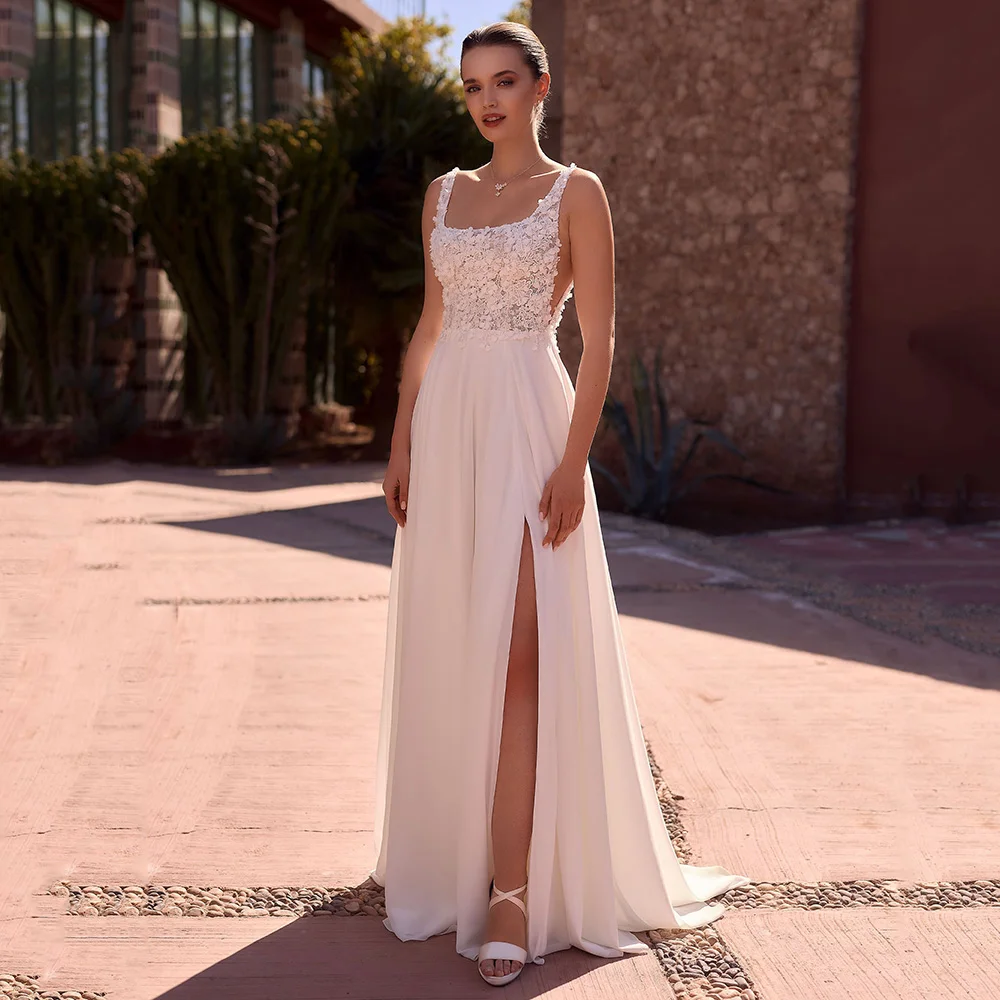 

3D Flower Lace Wedding Dresses 2025 Square Neck A-Line Bridal Gown with Slit Sleeveless Women Boho Brides Dresses Customized