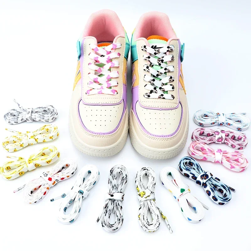 Cordones de lona con estampado de grafiti de dibujos animados para niños y adultos, cordones de zapatos planos, zapatillas de correr, parte superior