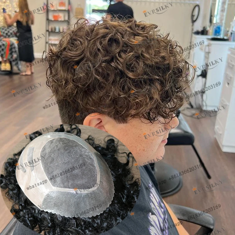 100% Menselijk Haar 20mm Krullend Bond NPU Fijne Mono & PU Basis Toupet voor Mannen Afro Zwarte Man Pruik Vervanging systeem Capillaire Prothese