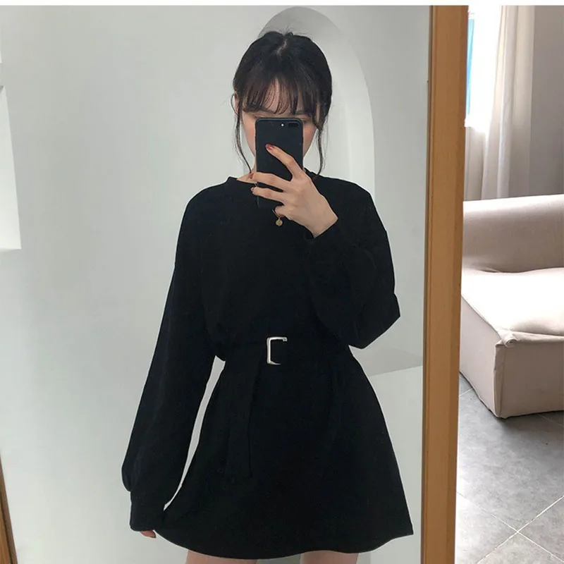 Vestido de manga longa feminino venda quente 4xl preto harajuku bf estilo coreano faixas das mulheres all-match chique simples estudante streetwear novo