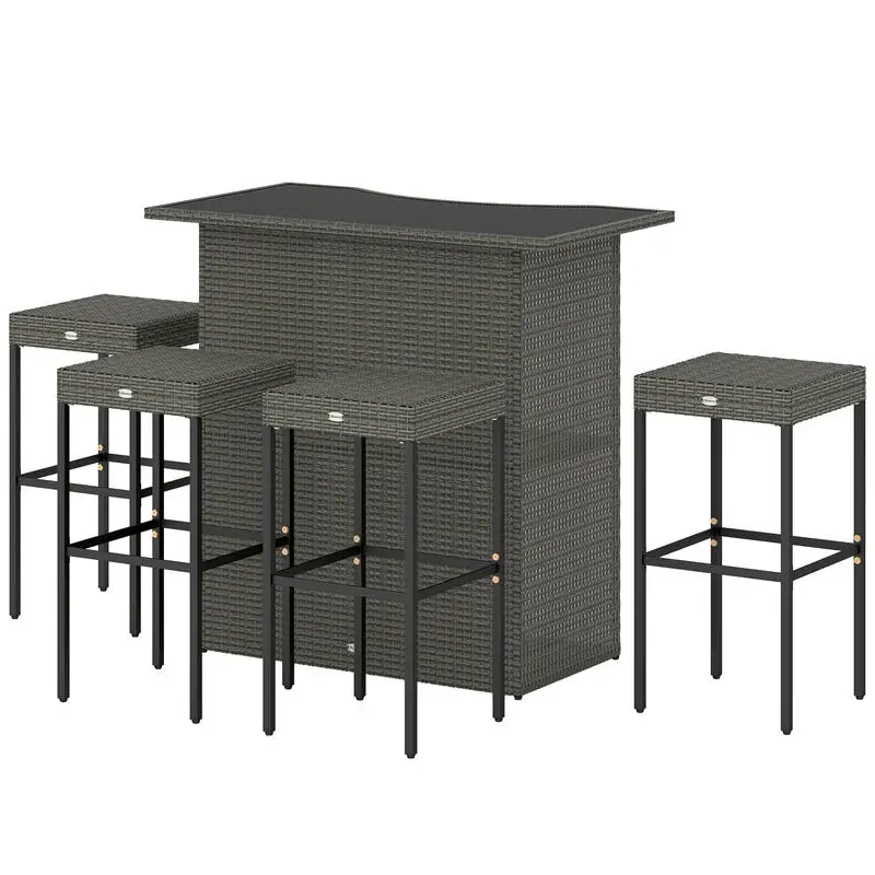 

Outsunny 5 Piece Rattan Wicker Bar Set, High Top Outdoor Table and Chairs, Bar Height Patio Set, 2 Shelves & 4 Bar Stools, Gray