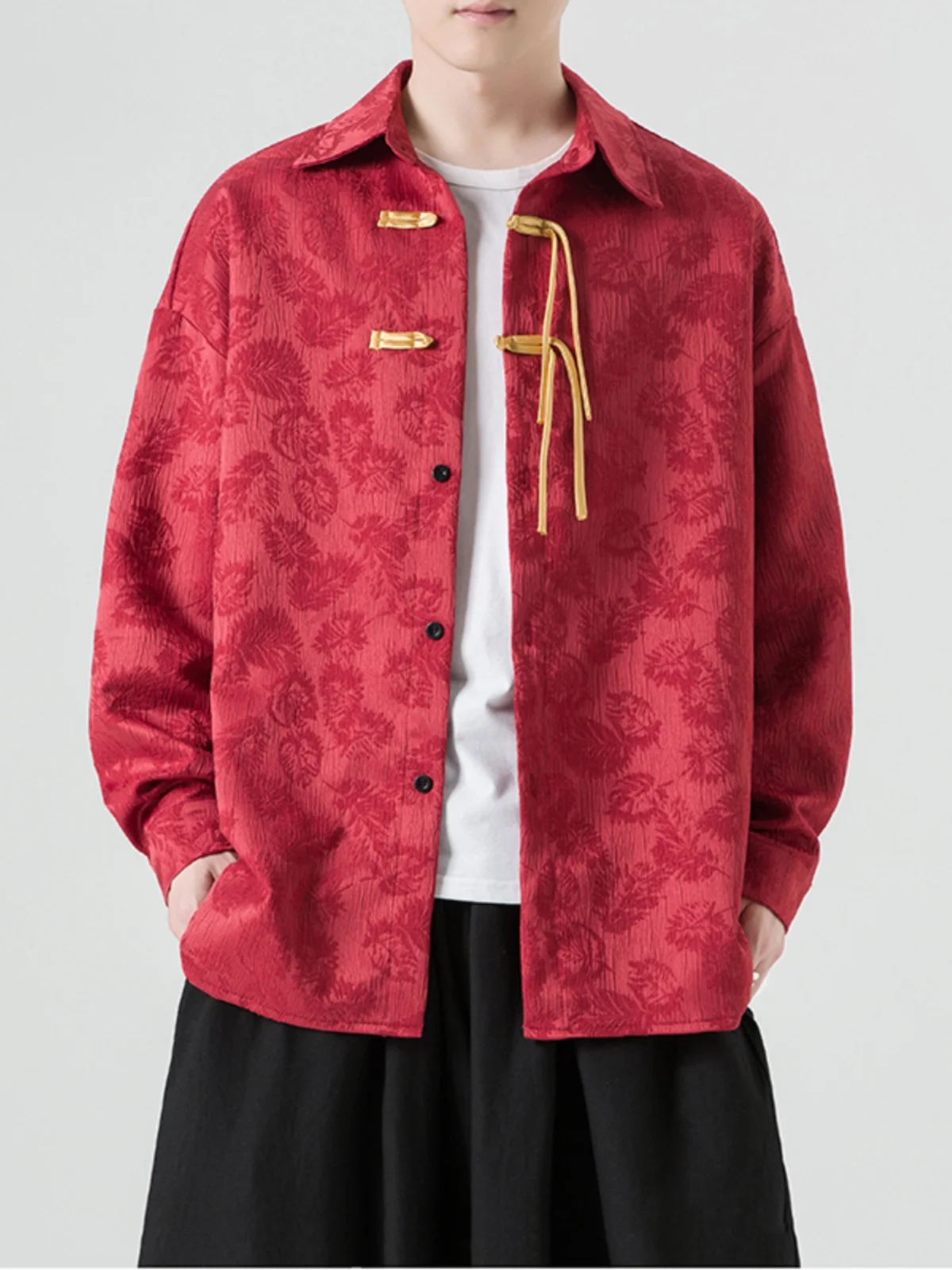

Red Chinese Style Men's Jacket New Fashionable Shirt Hanfu Top Youth Popular Loose Fit Long Sleeve Button down Polyester Fiber