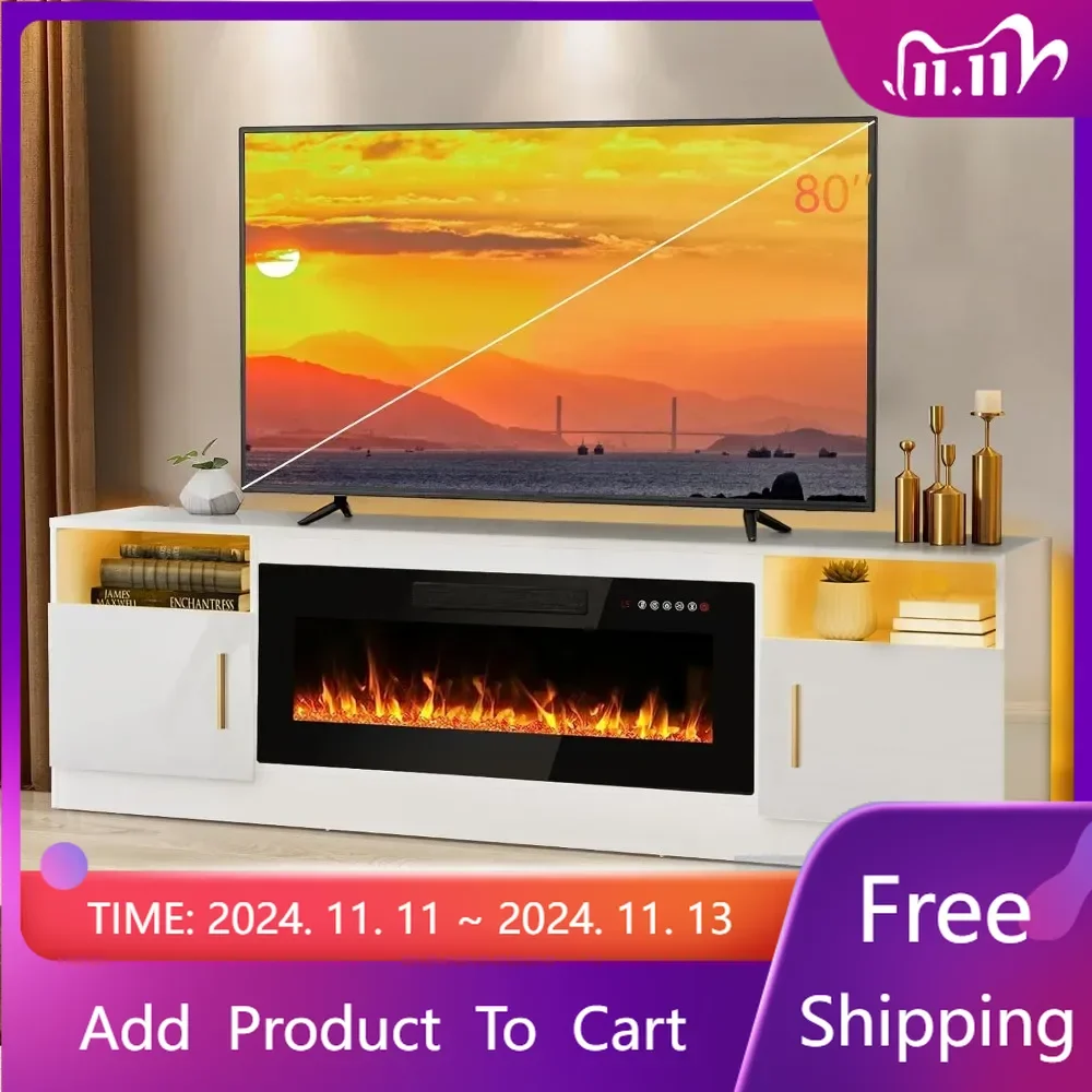 

Fireplace tv Stand with 36 inch Fireplace Up to 80" TVs,LED Light Entertainment Center and Storage, 70" Wood Media TV Console