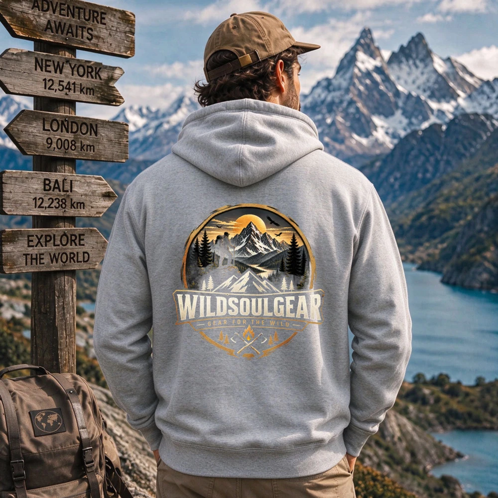 WildSoulGear Mountain Forest Campfire Graphic Hoodie Unisex Outdoor Wilderness Back Print Pullover Camping Hiking Casual Street