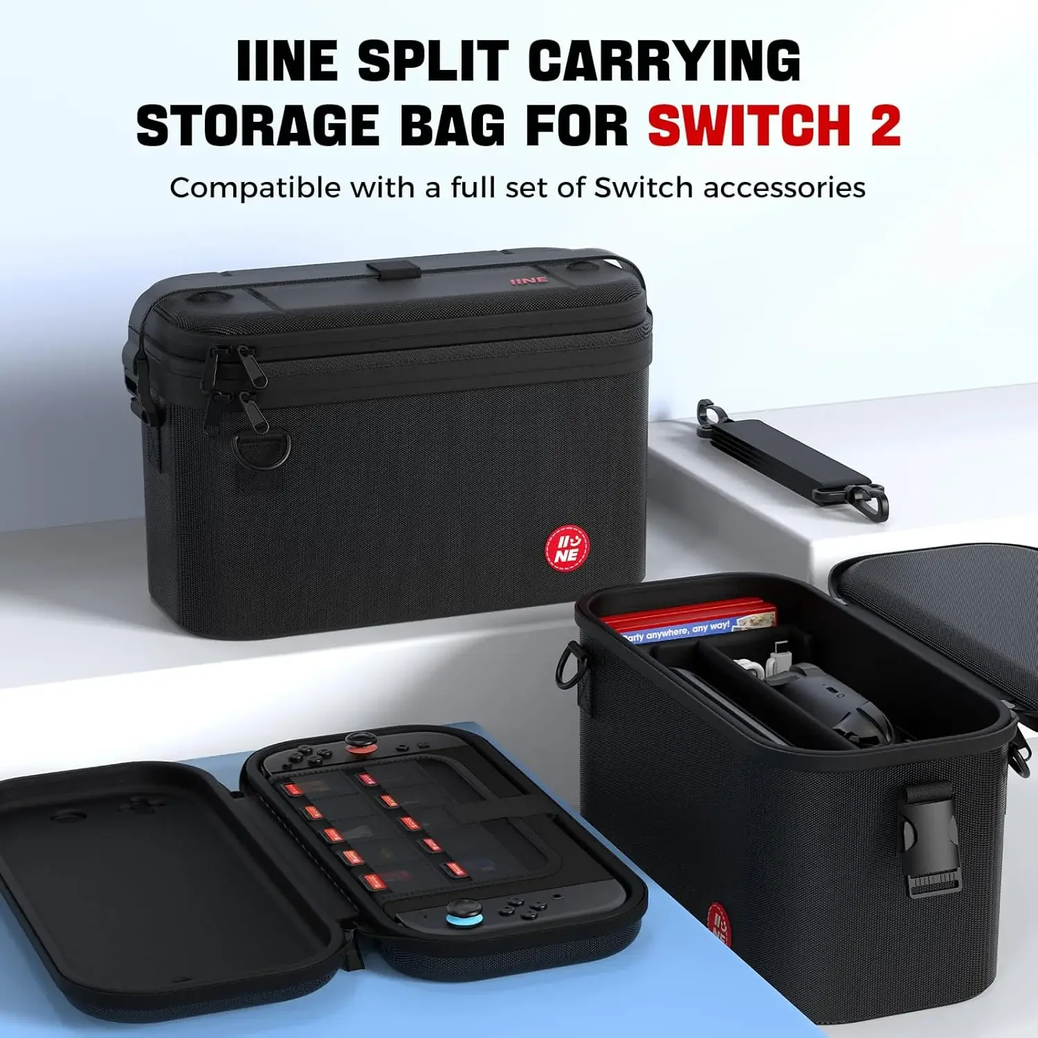 

IINE Carrying Storage Bag for Switch 2 Split Hard Shell Travel Case with Large Capacity Detachable Layers Strap Game Accessories