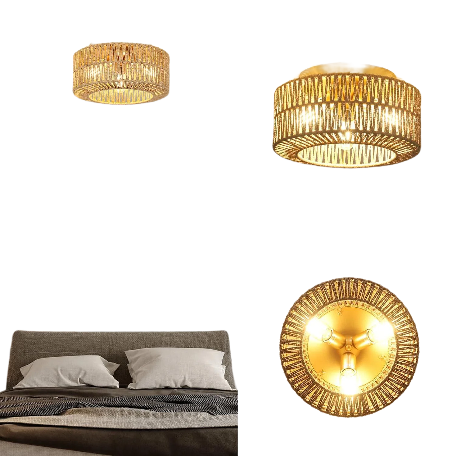 

Boho Light Fixtures Ceiling Mount, 3-Light Farmhouse Rattan Ceiling Light Fixture, Flush Mount Ceiling Light with Hand-Woven Sha