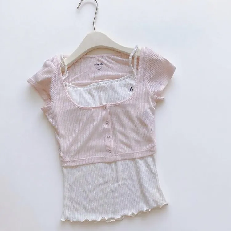 Soft Ribbed Knit 2-Piece Set Tie-Strap Camisole Japanese Elastic Lace-up Sling Vest + Short Low-neck  Button Cardigan