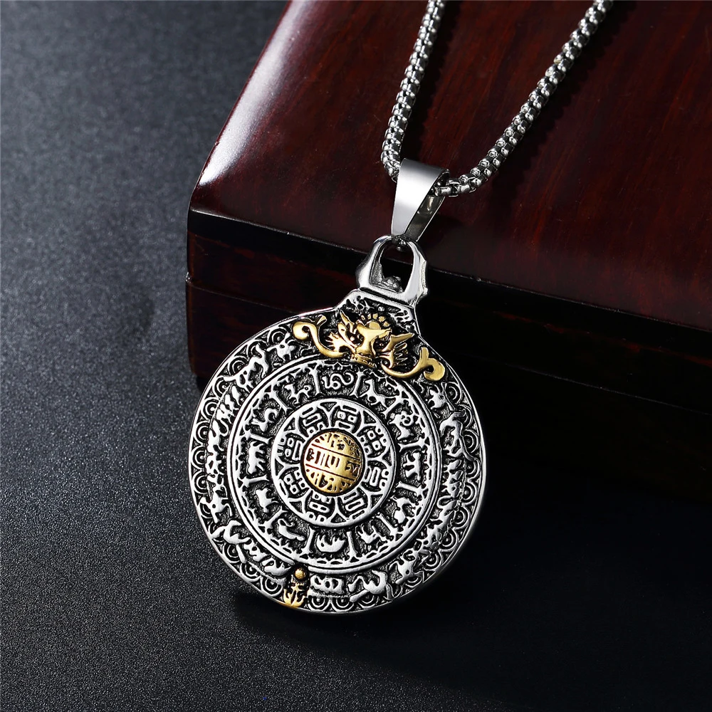 Retro Amulet dziewięć pałaców Bagua wisiorek ze stali nierdzewnej zodiak mężczyźni naszyjnik Punk łańcuszek z wisiorem modna biżuteria na prezent