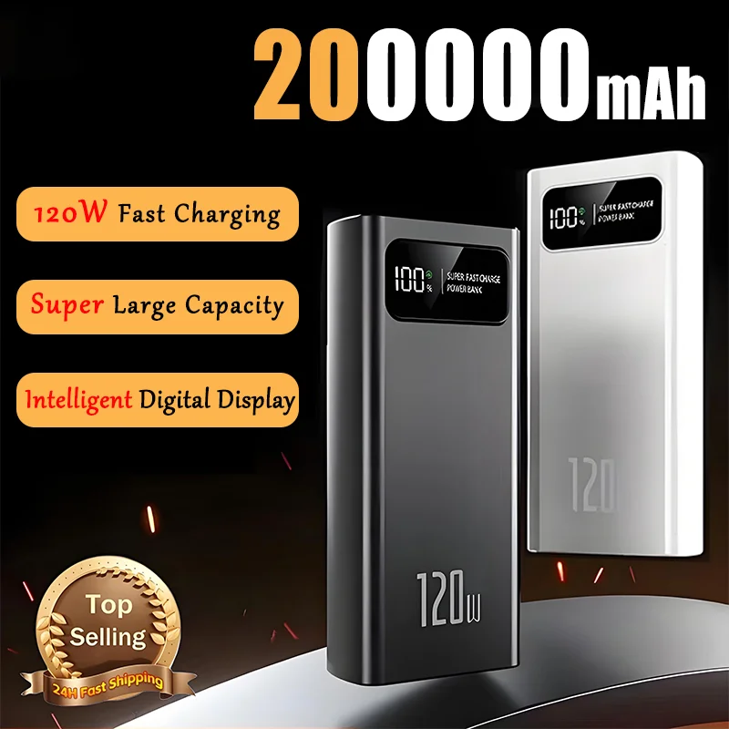 Banque d'alimentation à charge super rapide avec affichage numérique, batterie externe, capacité ultra-haute, iPhone, Xiaomi, 200000mAh, 120W