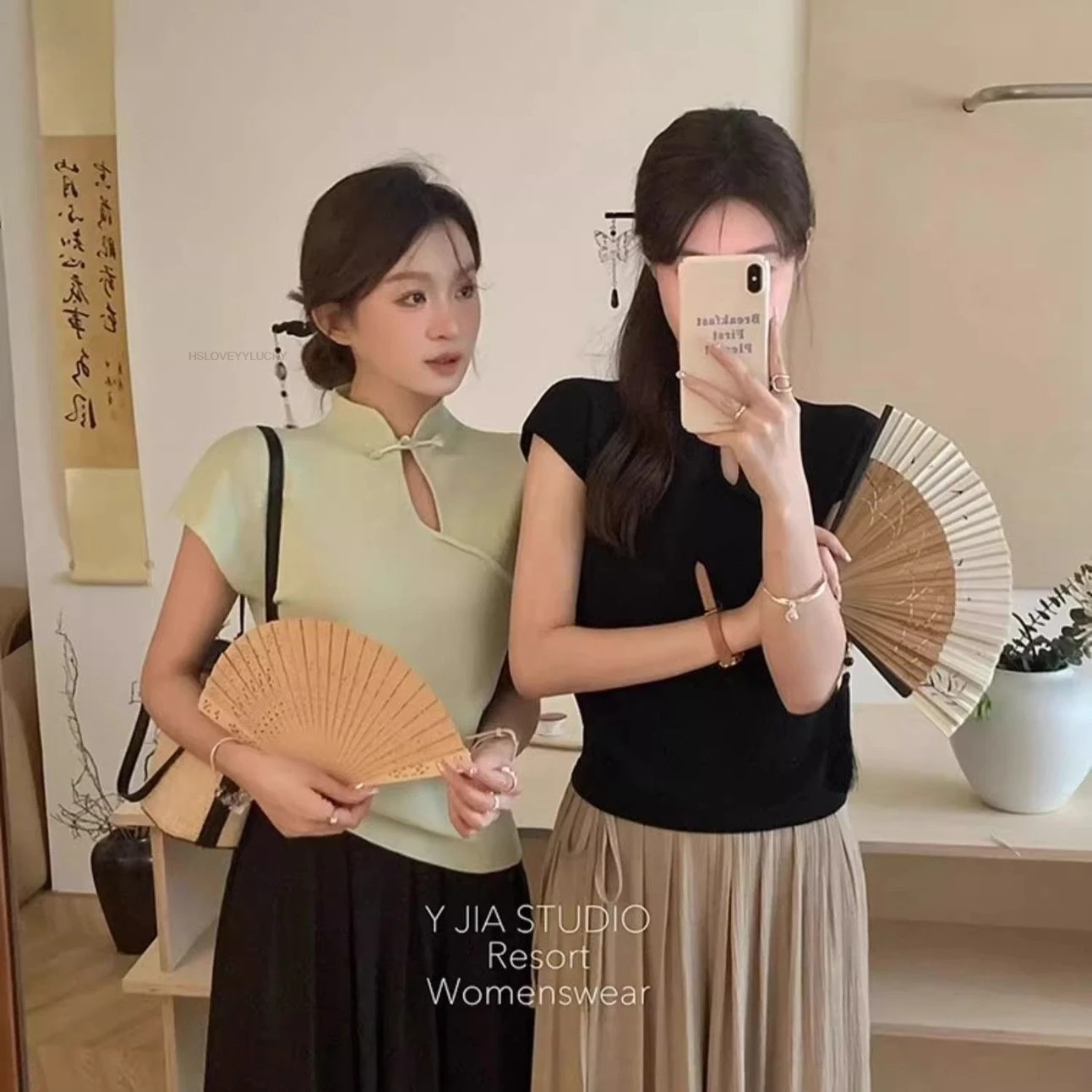 النمط الصيني طوق قصيرة الأكمام رائعة فريدة من نوعها بلوزة شيونغسام لطيف التخسيس محبوك سيدة قاعدة قميص Vinatge #2