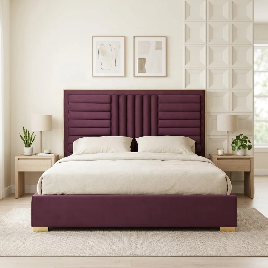 ^Modern Soft Bed King Size Pine Wood Frame with Velvet Headboard Durable Design Box Spring 140x200cm