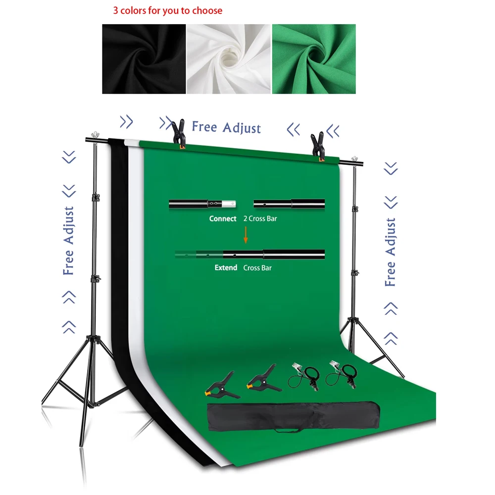 

Adjustable background stand with green, black, and white background cloth, used for photography studios, party decorations, and