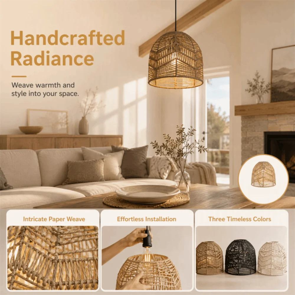 Handwoven Paper Rope Lamp Shade Hand-Woven Bamboo Natural Rattan Pendant Light Fixture Minimalist Decorative Hanging Light