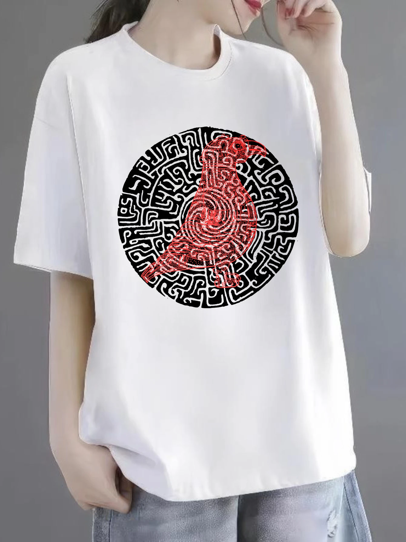 

Women's T-shirts Chinese style Streetwear Crewneck Graphic Casual 100% cotton Circular Red Maze Design printed tee Anime styl
