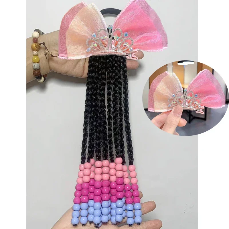 2pcs Girls Ponytail Extensions Soft Synthetic  Beaded Braids,Crown organza Bow Hair Clips Easy to Wear, Perfect for Daily Use