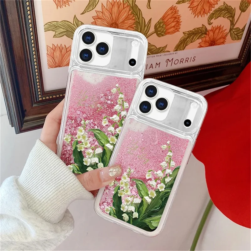 

Cute Pink Flower Pattern Case For iphone 17 16 15 14 13 12 11 Pro Max Plus Air Glitter Liquid Quicksand Silicone Anti-fall Cover