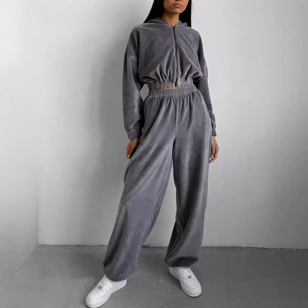 

2025 Spring and Autumn New Women's Fashion Casual Loose Hooded Stand Collar Sweater Two-piece Set