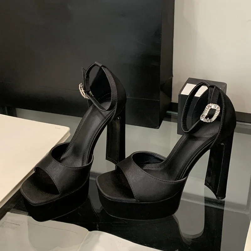 Women Fashion Shoes Sexy Style Black High Heels Platform Sandals for Women Cozy Silk Square Toe Buckle Strap Party Dress Shoes