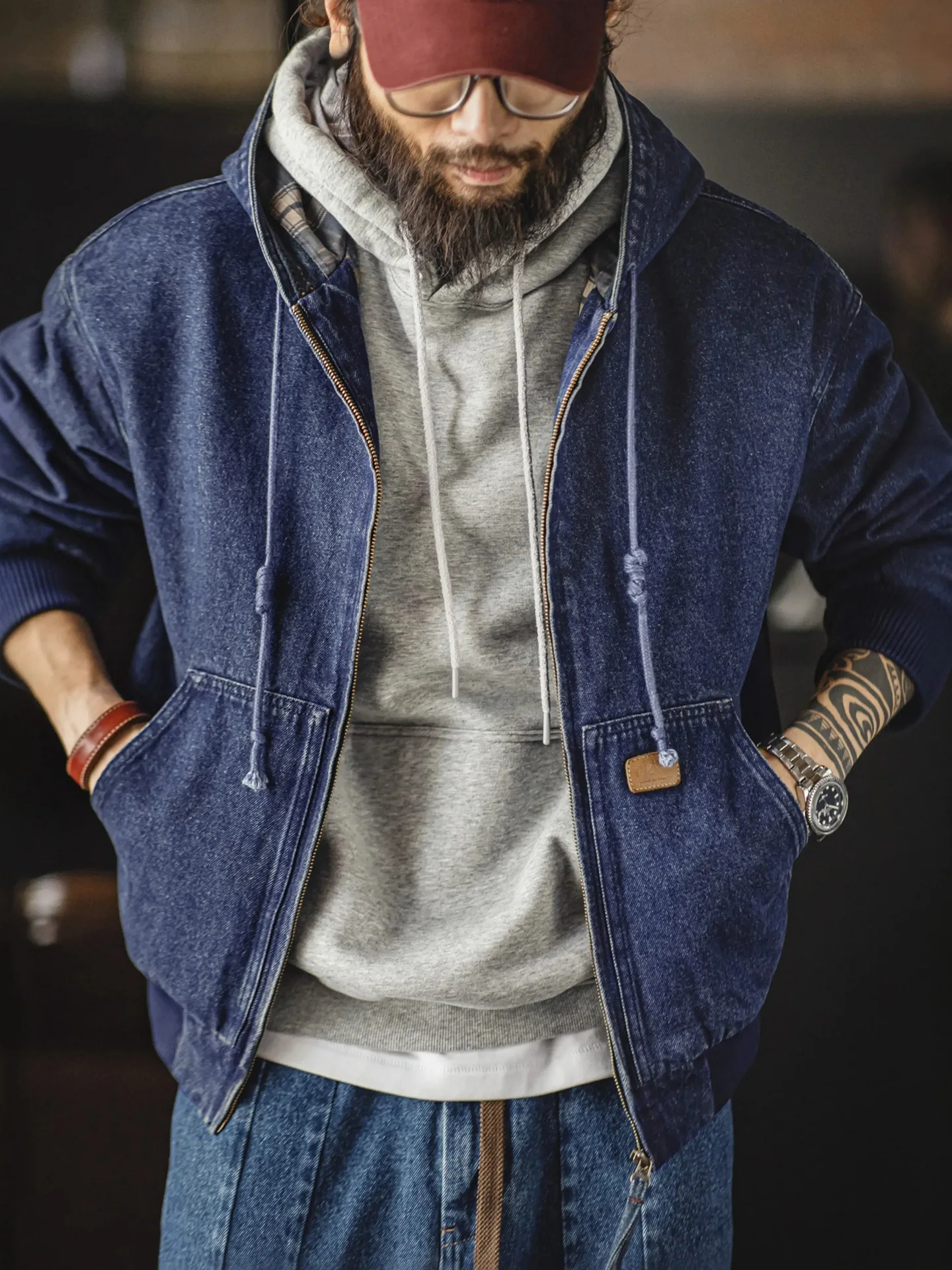 

Maden Vintage Waed Denim Jaet with Hood J30 Heavyweight Retro American Sle Spring Autumn Men's Cotton Jaet