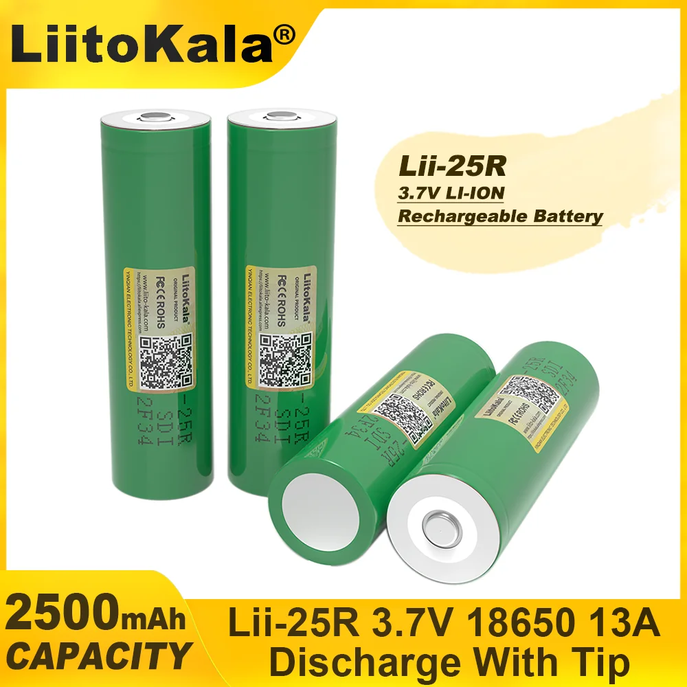 LiitoKala Rechargeable Lithium Battery, High Capacity Nickel Battery, DIY, Lii-25R, 18650, 3.7 V, 2500mAh pointed