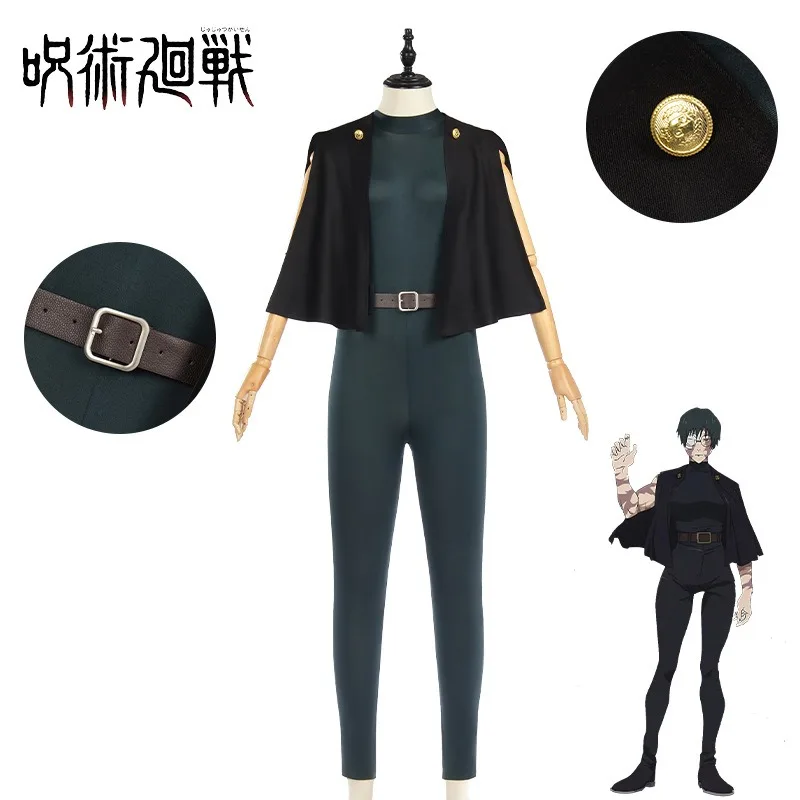Traje de cosplay de Jujutsu Kaisen de Anime Zenin Maki, mono verde oscuro con capa negra, cinturón, para uso diario, fiestas de Halloween, para mujeres y hombres