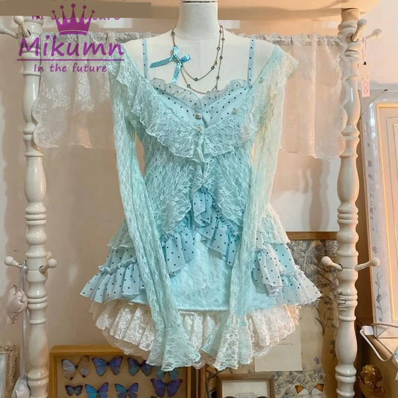 

Mikumn Harajuku Vintage Women 3 Piece Sets Y2k Lolita Sweet Ruffles Polka Dot Strap Top+Lace Cardigan+Mini Skirts Matching Sets