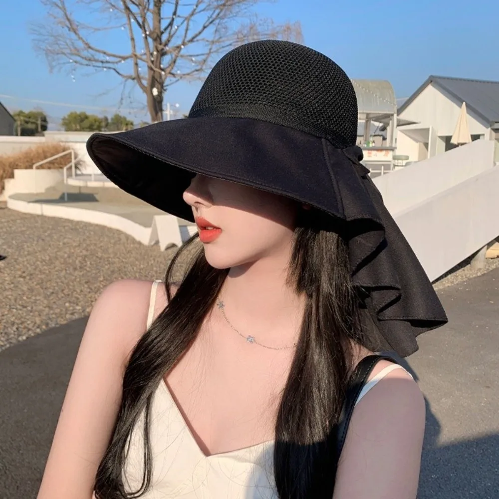 Korean Style Women Wide Brim Sun Hat Wide Brim Neck Flap Summer Beach Hat UPF50+ Breathable Sun Protection Cap