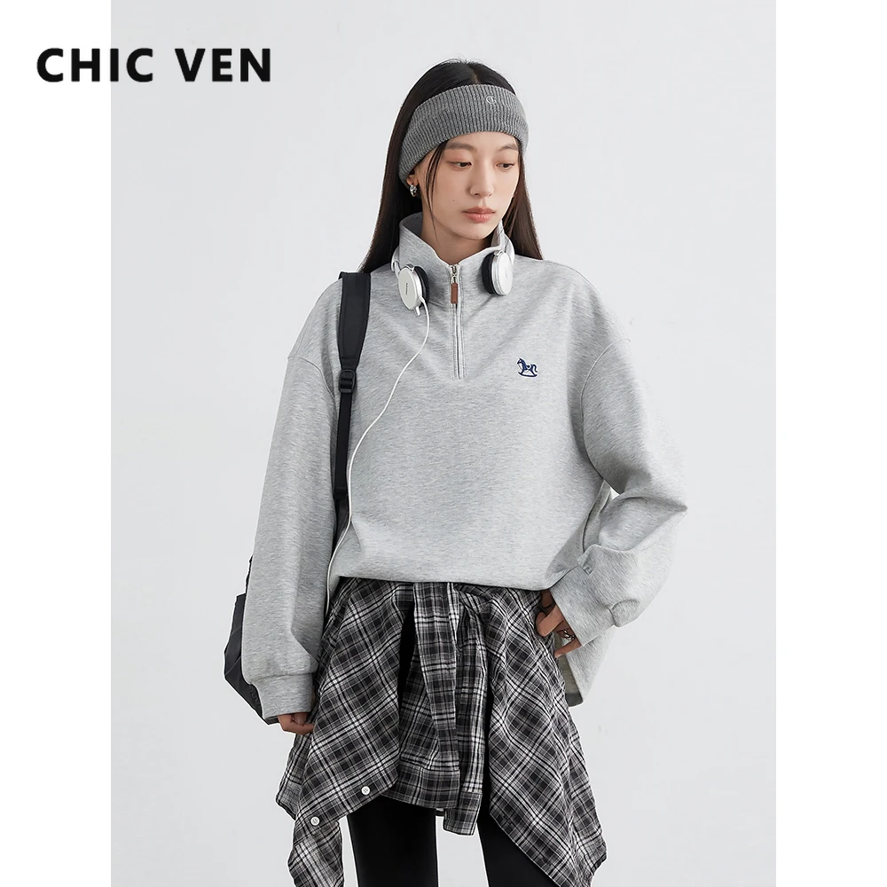 CHIC VEN femmes sweats mode décontracté col montant broderie demi fermeture éclair à manches longues pulls printemps automne nouveau 2025
