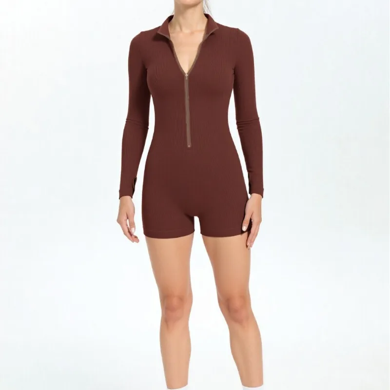 

Seamless Ribbed Knit Bodysuit Women Zip Up Stand Collar Long Sleeve Thumbhole Yoga Romper Winter Thermal Workout Outfit