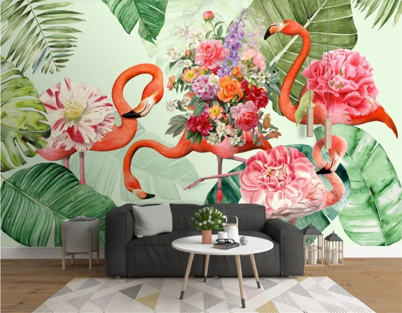 beibehang Custom Photo 3d Wallpaper Nordic Style Hand Painted Plants Flamingos Scandinavian Style Hand painted Flamingos