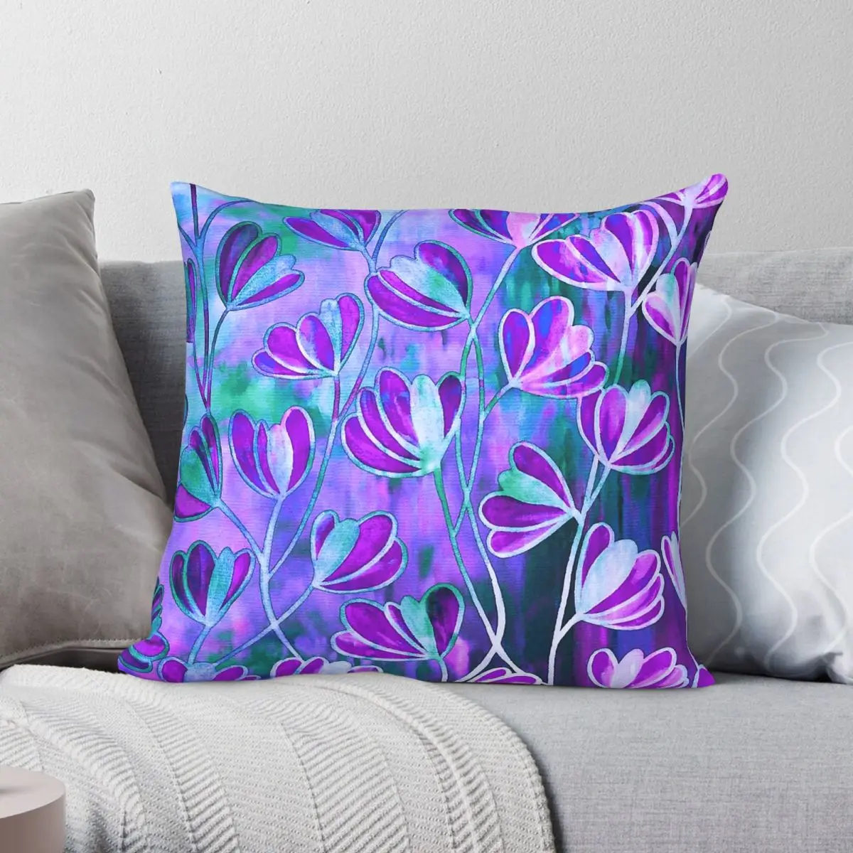 Lilac Lavender Purple Blue Floral Square Pillowcase Polyester Linen Velvet Pattern Decorative Seater Cushion Cover Wholesale
