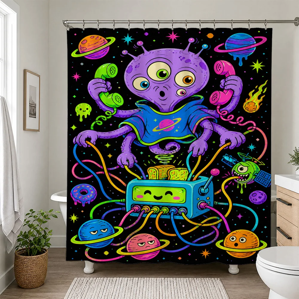 Waterproof Shower Curtain Liner Alien Planets Psychedelic Galaxy Art Bathroom Decor Retro Space Design Funky Fun Shower Curtain