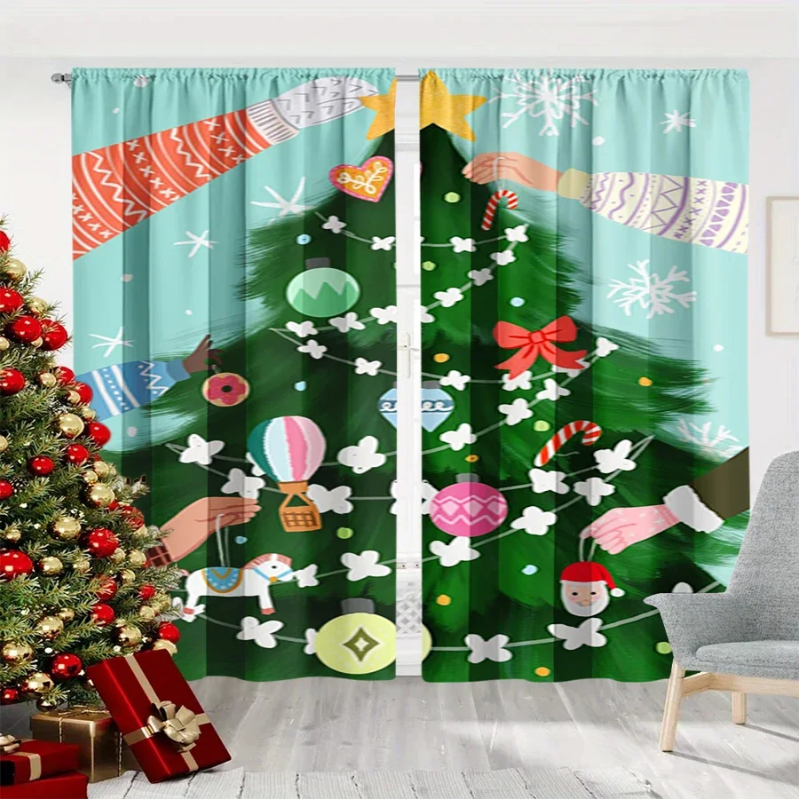 2PCS Christmas Winter Curtains, Cartoon Decor Tree Hand Ornament Horse Balloon, Digital Print, Bedroom Living Room, Home Decor