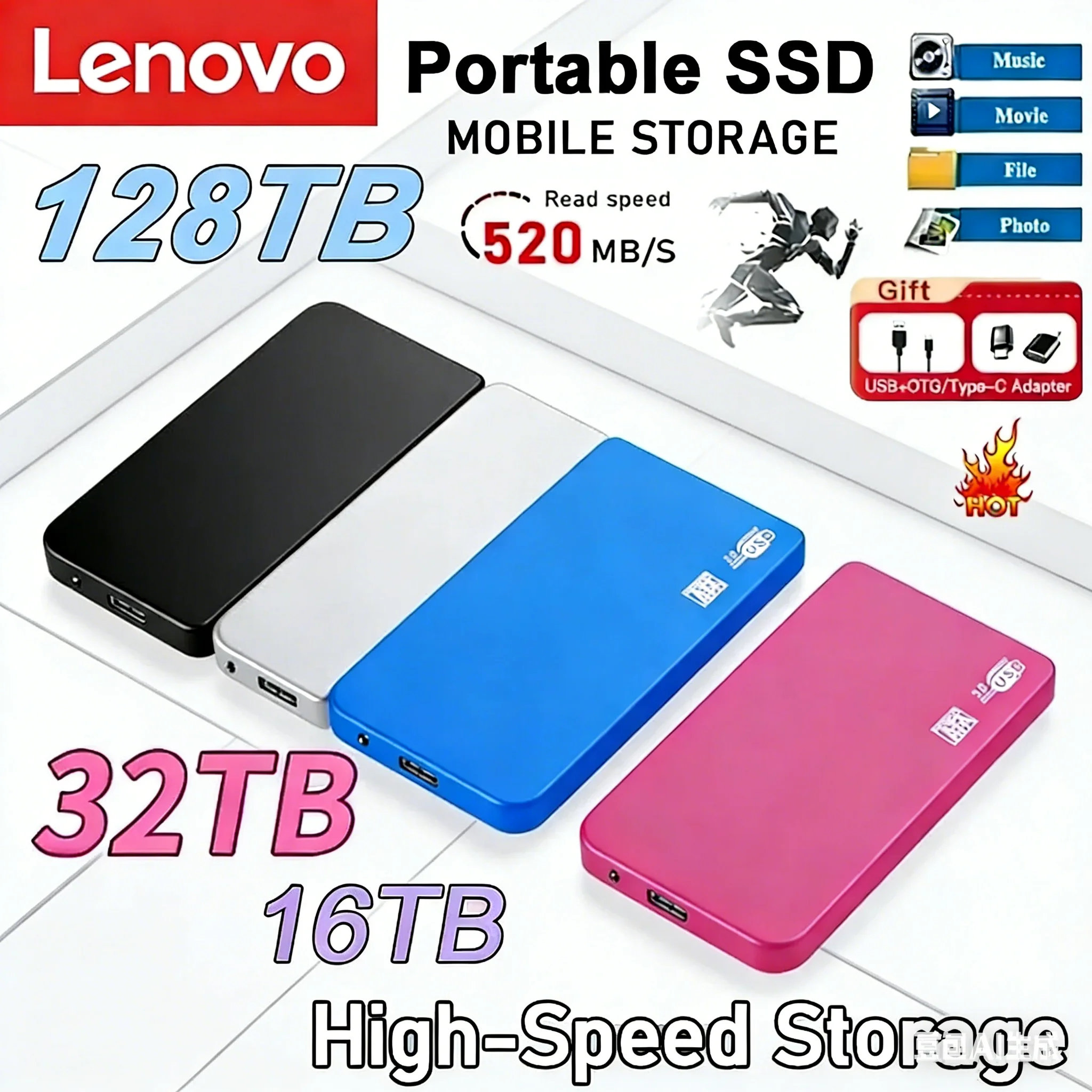 

Lenovo 128TB High-Speed SSD USB 3.0 Enclosure ABS Mobile Hard Drive Case with USB3.0 Cable for SSD/HDD External Storage