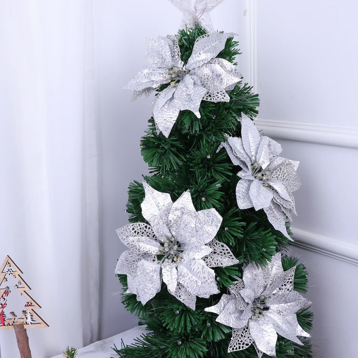 

4pcs Silver Diy Craft For Christmas Artificial Flower Flowers Party Home Decor Handmade Flower Ornament Flowers Decor