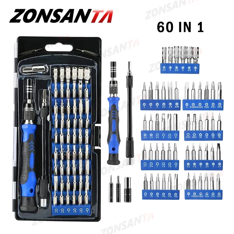 ZONSANTA 60 in 1 Magnetic Screwdriver Set Precision Screw Driver Multi-function Precision Mobile Phone Repair Device PC Camera