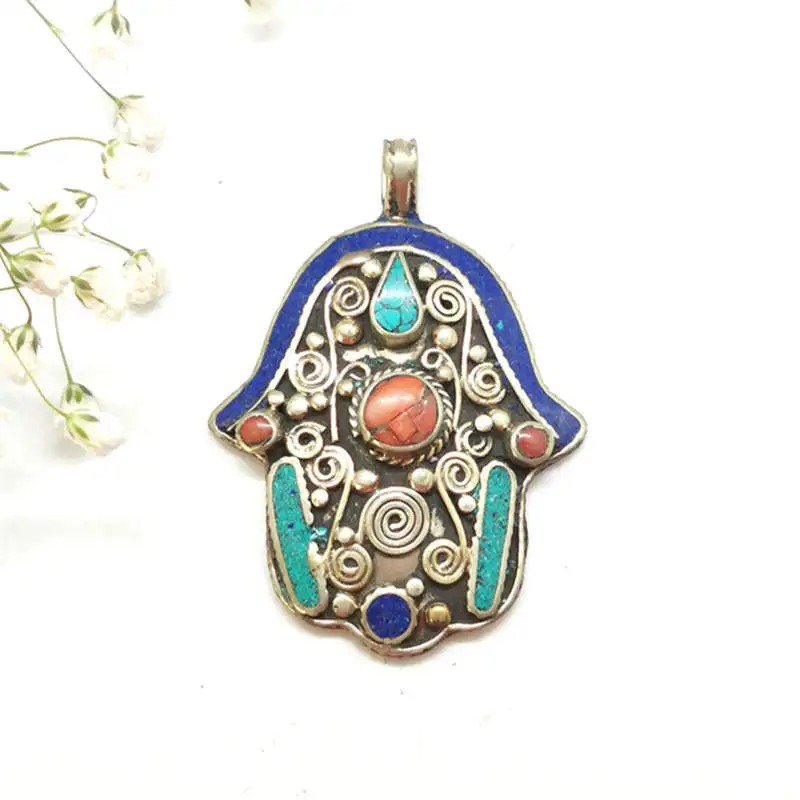 Buddha Hand Pendants Tibetan Ethnic Jewelry Buddhist Amulet Nepal Vintage Copper Inlaid Stone TBP305