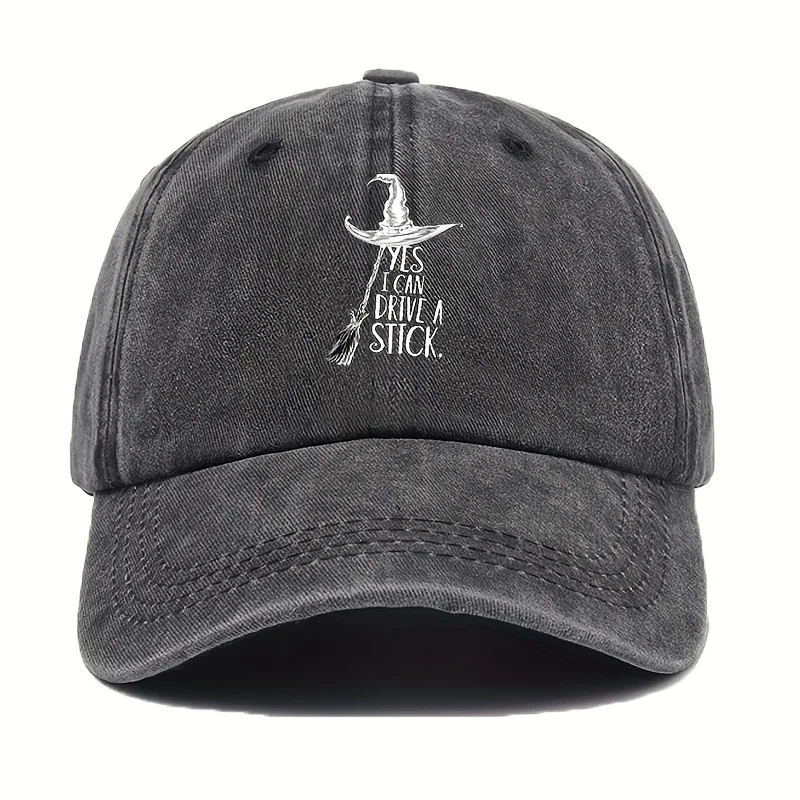 Vintage Washed Baseball Cap Witch Hat Broom Yes I Can Drive A Stick Embroidery Adjustable Dad Hat Unisex Halloween Casual Hat