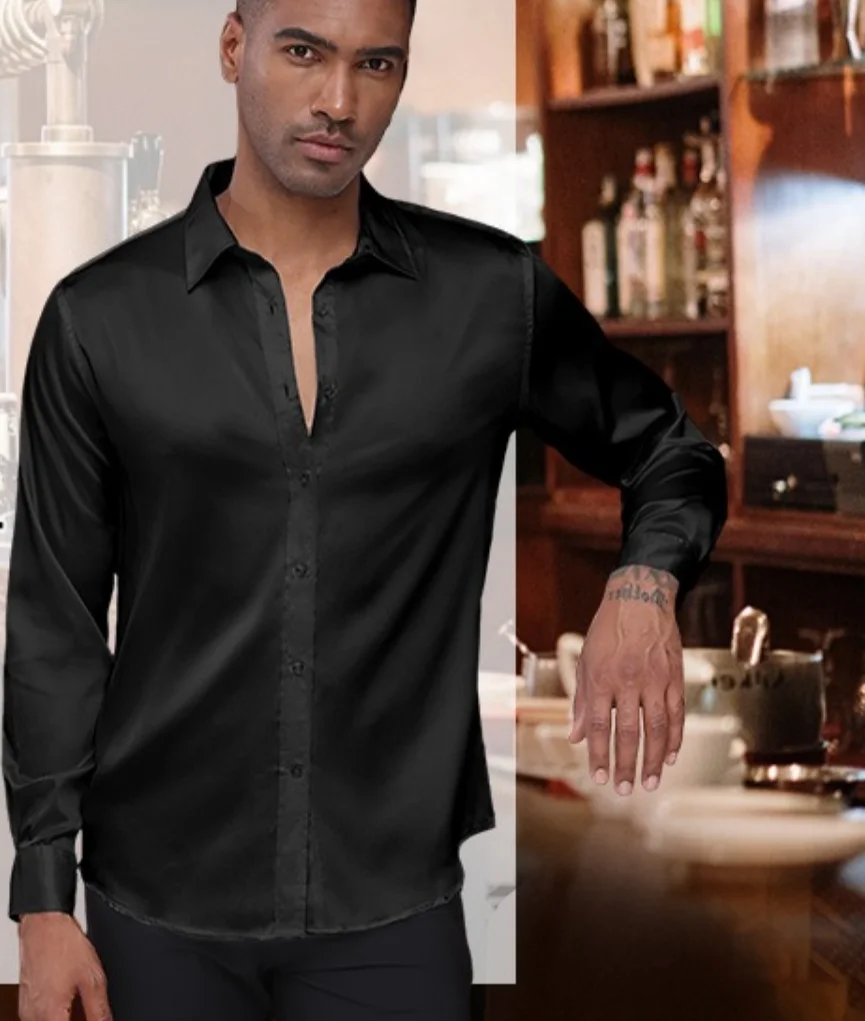 2026 Spring Autumn Royal Blue Silk Satin Long-sleeved Dress Shirts for Men, Navy Blue Business Casual Non-iron Wrinkle Camisas