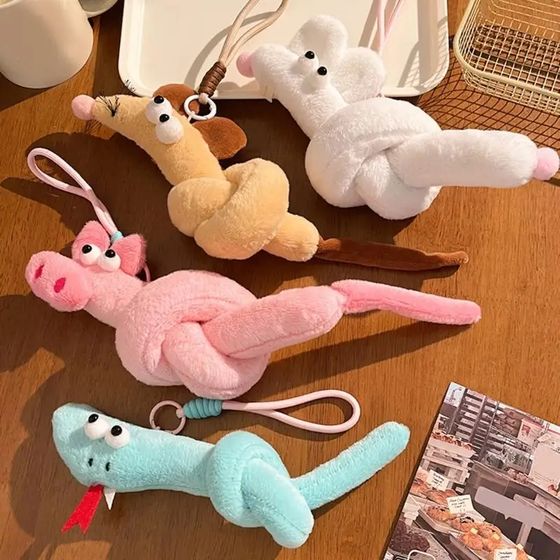 Y1UB Plush Animal Desk Accent and Keychain Charm with Chinese Zodiacs Design, Knotted Body, Attachments Rings, and Wrist Loop