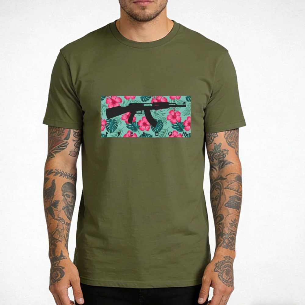 Tropical Floral AK47 Rifle Silhouette Freedom Graphic Tee, Bold Patriotic Statement Shirt Hoochie Men Tropical Gun Lover