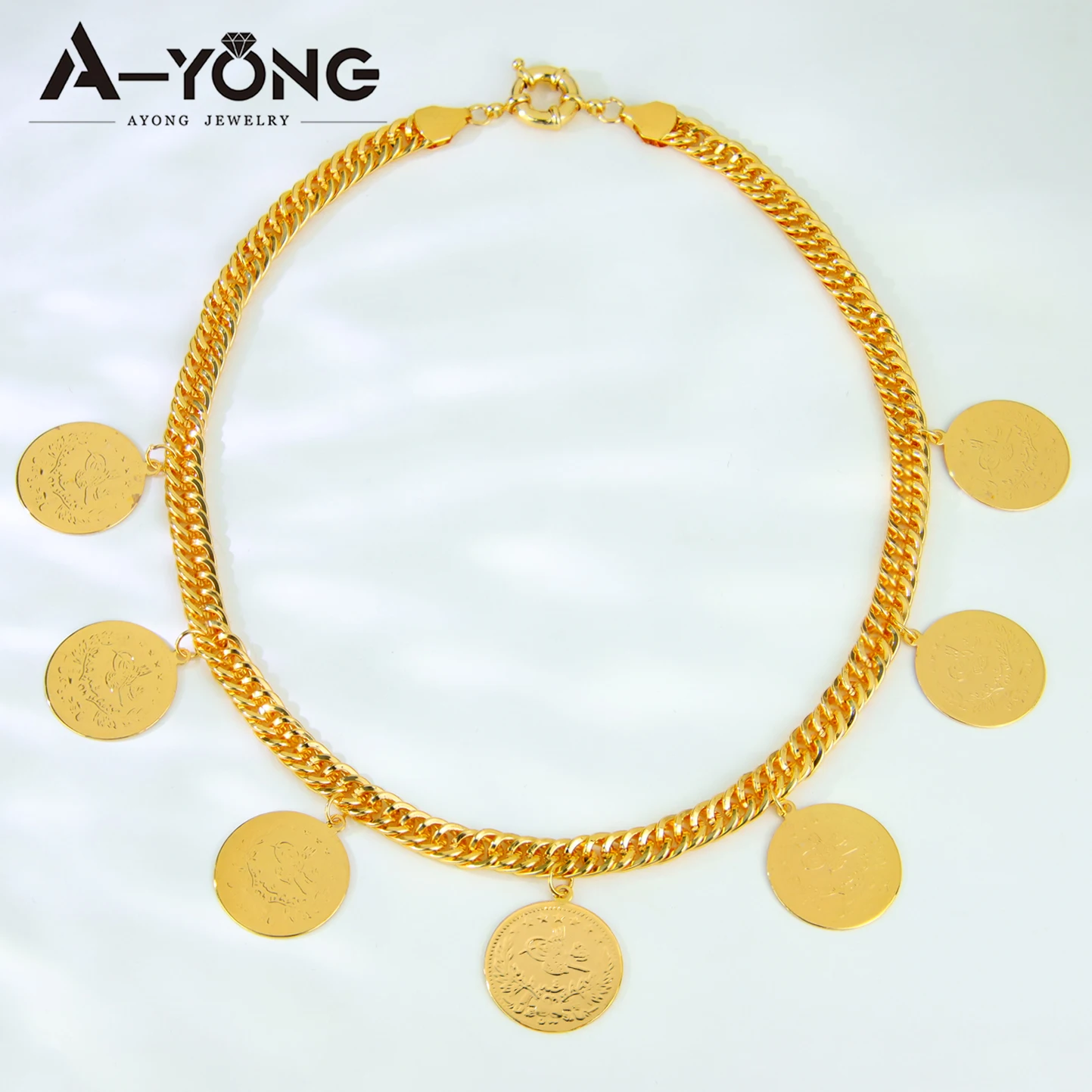 Türkische vergoldete Münzen Schmuckset 21 Karat Gold Farbe Arabische Mode Kubanische Halskette Armband Dubai Frauen Braut Hochzeit Schmuck – Detail 4