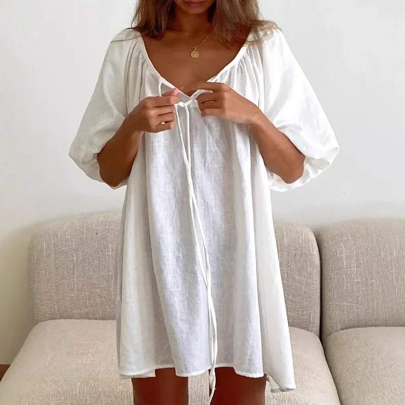 2026 Summer White Sleep Dress for Women Casual 100% Cotton Loose Nightgown Breathable Comfortable Home Wear with Adjustable Tie