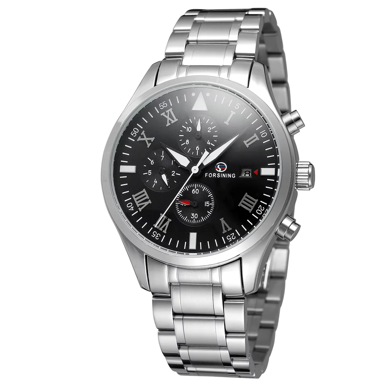 FORSINING Three Eyes six hands Mechanical Watch Round Black and silver steel Strap Men's Mechanical watch