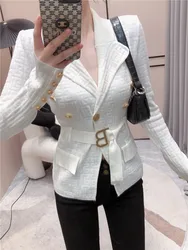 High Quality Women Fashion Autumn Vintage Elegant Temperament Long Sleeve Knitted Cardigan Belt Blazer Jacket Coat