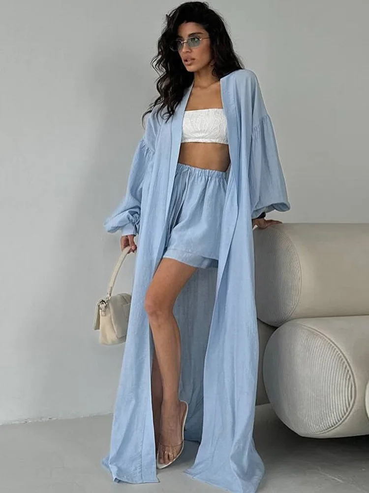 Casual Mantel Shorts Anzug frauen Solide Laterne Hülse Lange Strickjacke Lose Hohe Taille Kurze Hosen 2025, Herbst Dame High Street set