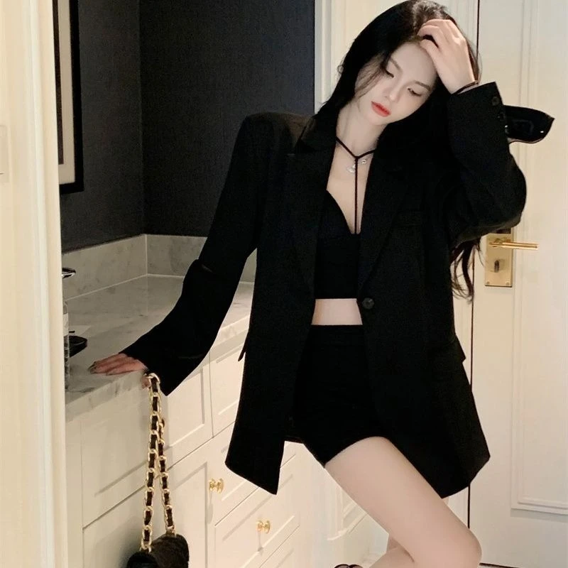 

Women's Loose Fit Chain Detail Hollow-Out Backless Blazer 2025 Spring Autumn, Feminine Style High-End Jacket