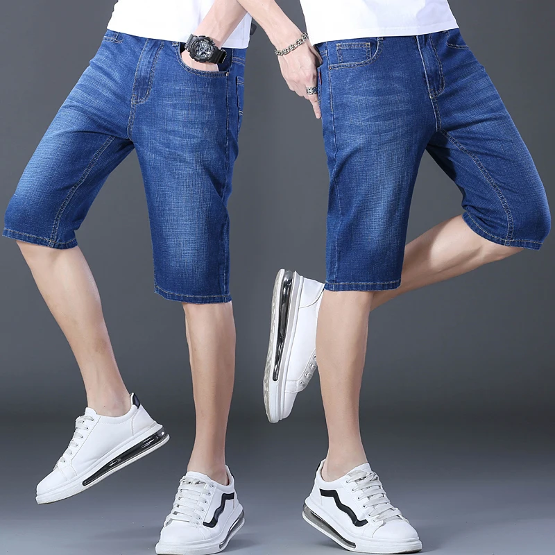 2024 Mens Casual Denim Shorts Cotton Elastic Straight Hight Quality Knee Length Jeans Classic Vintage Fashion Blue Short Jeans